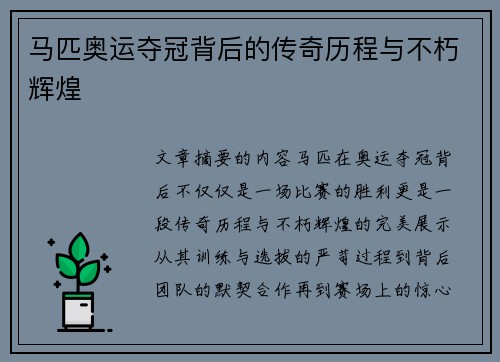 马匹奥运夺冠背后的传奇历程与不朽辉煌