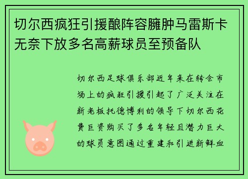 切尔西疯狂引援酿阵容臃肿马雷斯卡无奈下放多名高薪球员至预备队